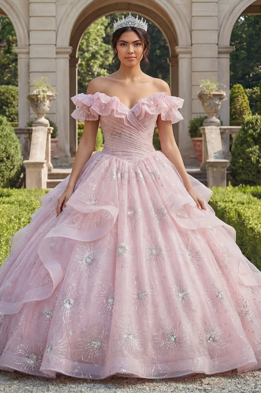 Pink Princess Sequin Long Ruched Quinceanera Dress with Ruffles