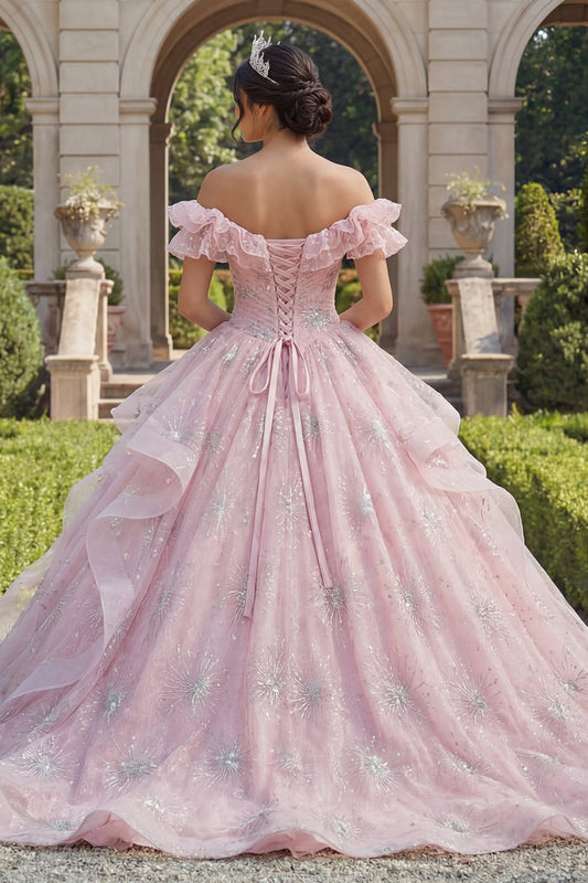 Pink Princess Sequin Long Ruched Quinceanera Dress with Ruffles