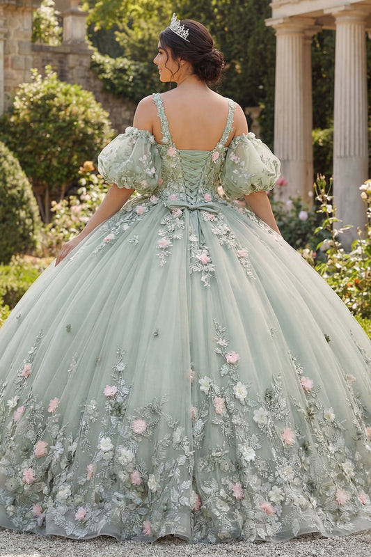 Sage Green V-Neck Princess Puff Sleeves Floral Long Quinceanera Dress