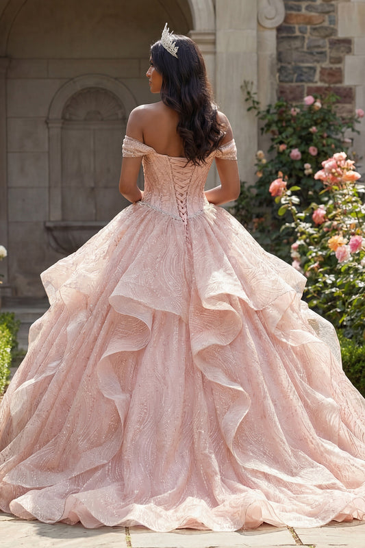 Sequin Beaded Long Corset Sparkly Pink Princess Quinceanera Dress with Ruffles