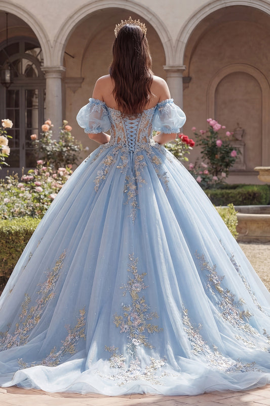 Long Puff Sleeves Sky Blue Floral Corset Glitter Princess Quinceanera Dress