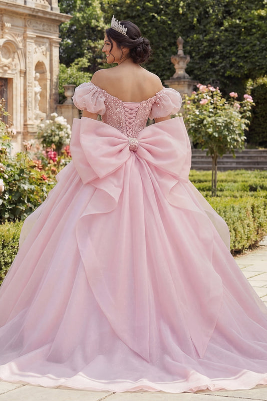 Pink Floral Long Corset Puff Sleeves Princess Ruffled Quinceanera Dress with Pearls