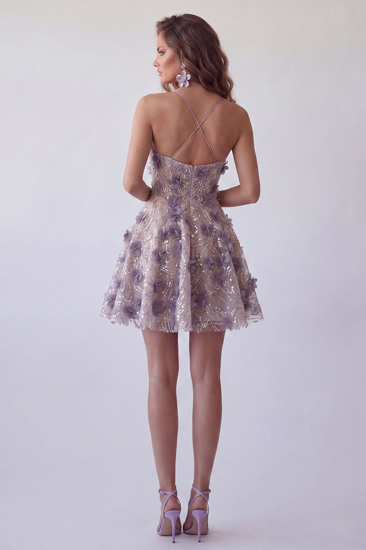Sparkly Purple Beaded Floral Halter A Line Short Cocktail Dress