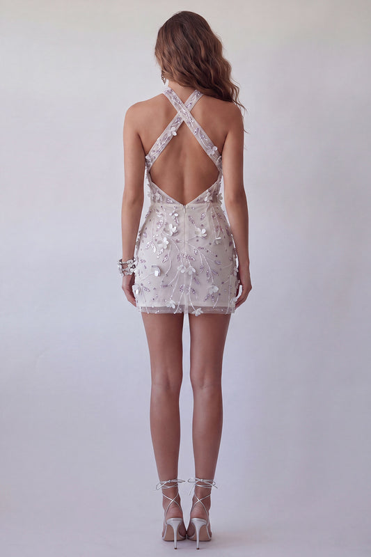 Sparkly Silver Halter Floral Beaded Tight Short Open Back Cocktail Dress