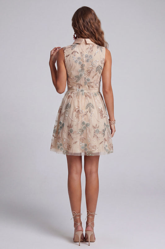 Sparkly Champagne A Line Keyhole Short Beaded Cocktail Dress with Bow