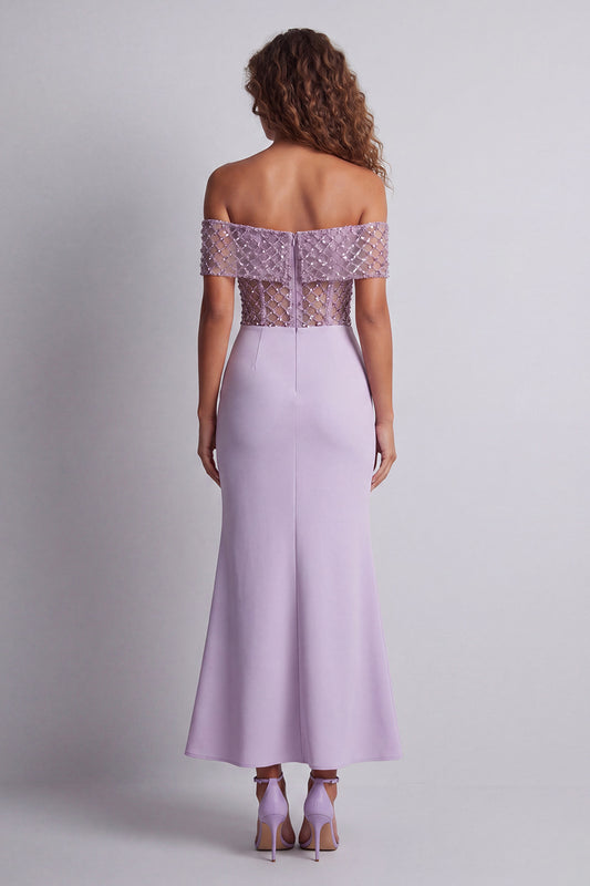 Off the Shoulder Light Purple Long Corset Mermaid Formal Dress with Beading