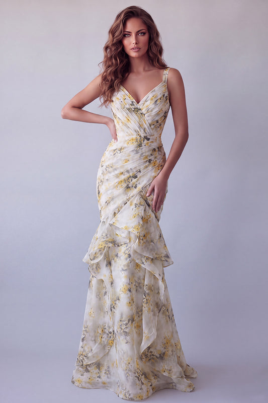 V-Neck Light Yellow Floral Long Mermaid Ruched Formal Dress with Ruffles