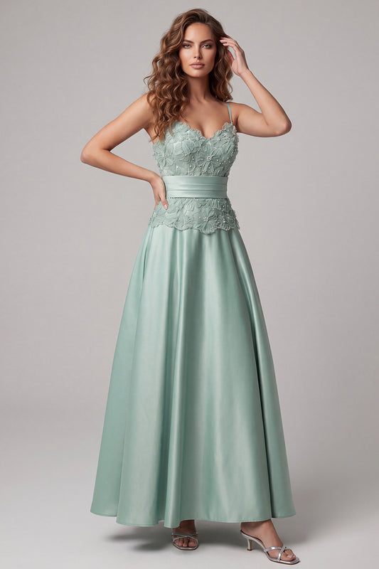 Green Floral Spaghetti Straps Long A Line Formal Dress with Pearls