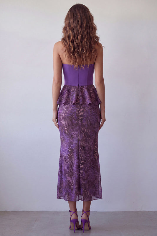Purple Strapless Leopard Print Long Mermaid Formal Dress with Ruffles