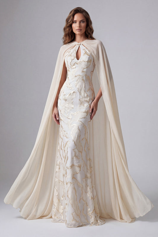 Keyhole Champagne Mermaid Long Formal Dress with Cape