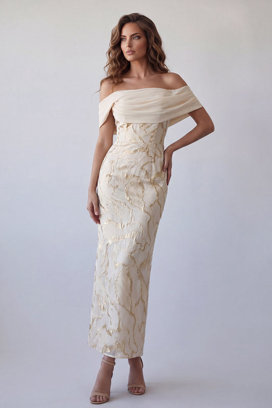 Sheath Long Champagne Off the Shoulder Formal Dress