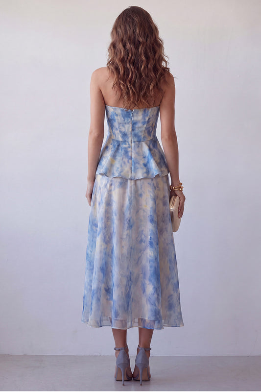 Dusty Blue Tie Dye Strapless Basque Waist Long Corset A Line Formal Dress