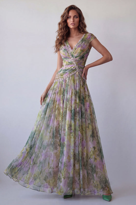 V-Neck Dusty Sage Floral Ruched Long A Line Formal Dress with Beading