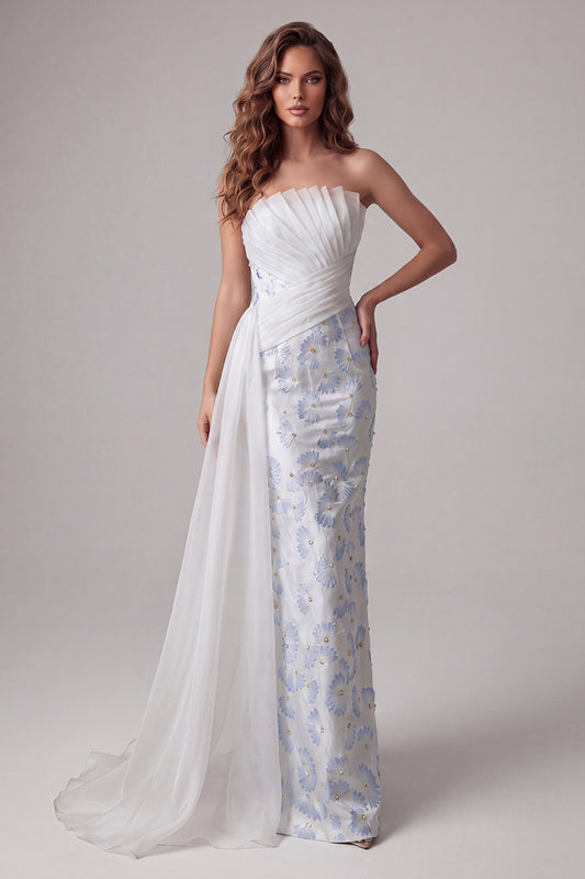 Strapless Ruched Mermaid Floral Light Blue Long Formal Dress with Side Cape