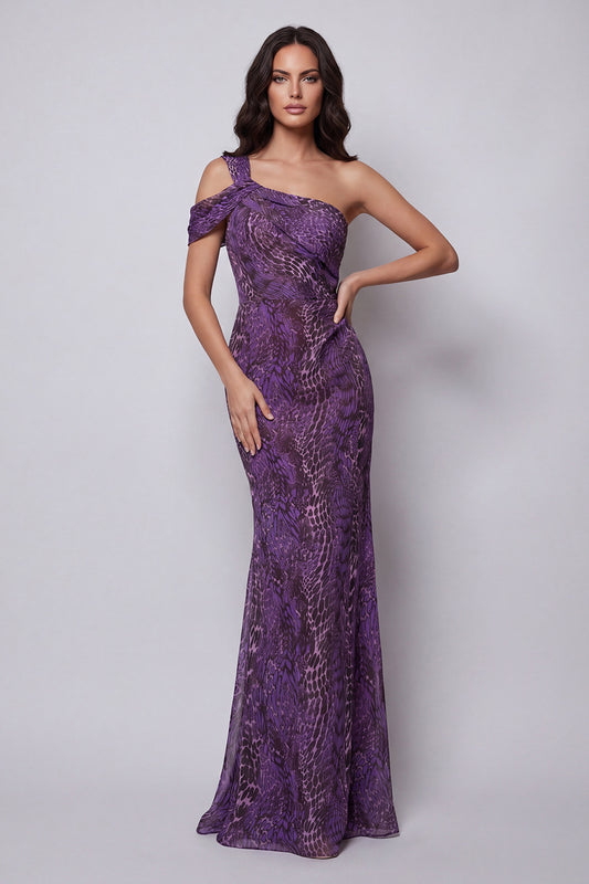 Purple One Shoulder Leopard Print Long Mermaid Formal Dress