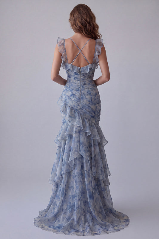 Mermaid Dusty Blue V-Neck Floral Ruched Long Formal Dress with Ruffles