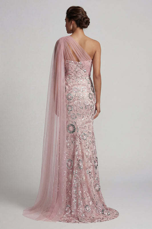 Mermaid Long Beaded Sparkly Pink Mother of the Bride Dress with Side Cape