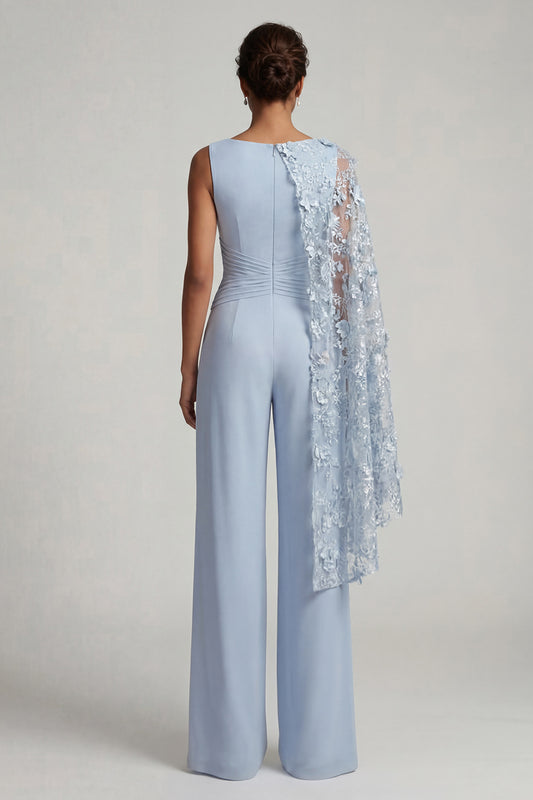Sky Blue Floral Boat Neck Long Mother of the Bride Pantsuits with Side Cape