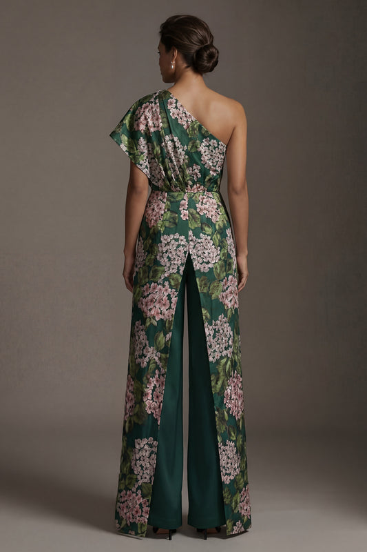 Dark Green Floral One Shoulder Long Mother of the Bride Pantsuits with Pockets