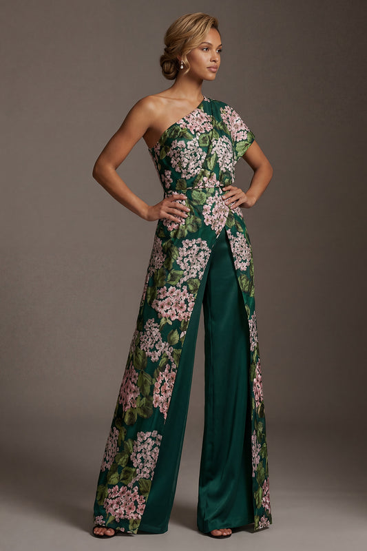 Dark Green Floral Long Mother of the Bride Pantsuits with Pockets One Shoulder Wedding Guest Pantsuits