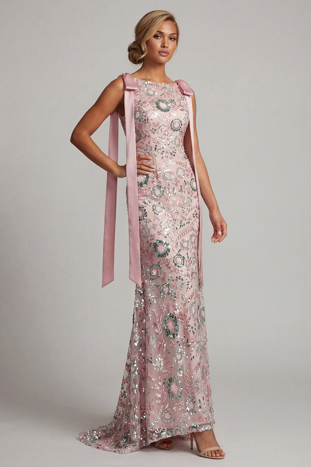 Zapakasa Women Sparkly Pink Long Beaded Mother of the Bride Dress with Bows  Mermaid Boat Neck Evening Dress