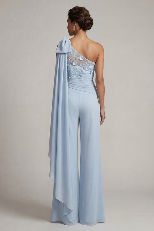 Ruffled One Shoulder Sky Blue Floral Long Mother of the Bride Pantsuits with Lace