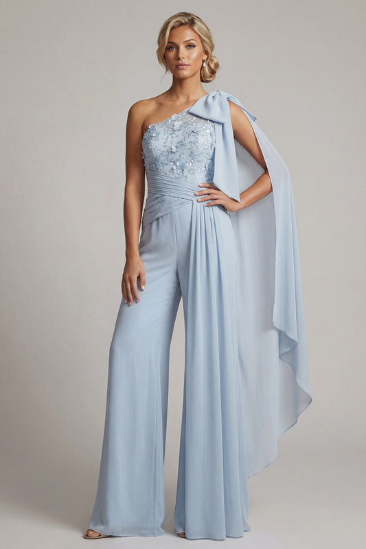 Ruffled One Shoulder Sky Blue Floral Long Mother of the Bride Pantsuits with Lace