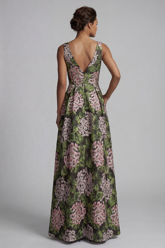 V-Neck Floral Dark Green Long A Line Mother of the Bride Dress with Pockets