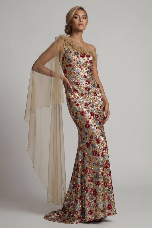 Floral Mermaid Sparkly Red Ruffled Sequin Long Mother of the Bride Dress with Side Cape