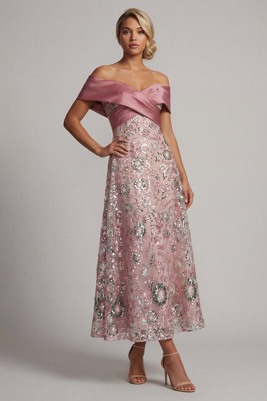 A Line Long Off the Shoulder Beaded Sparkly Pink Mother of the Bride Dress