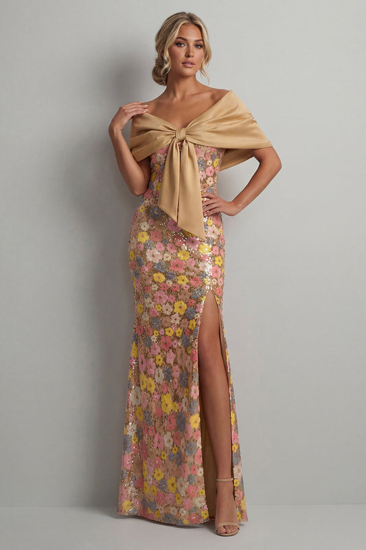 Floral Mermaid Sparkly Yellow Long Mother of the Bride Dress with Slit