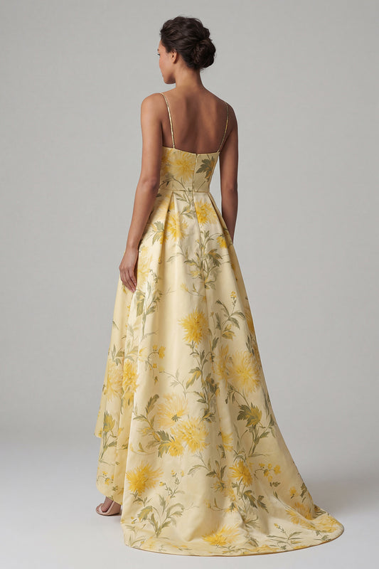 Butter Yellow Floral Spaghetti Straps A Line High Low Mother of the Bride Dress