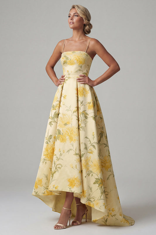Butter Yellow Floral Spaghetti Straps A Line High Low Mother of the Bride Dress