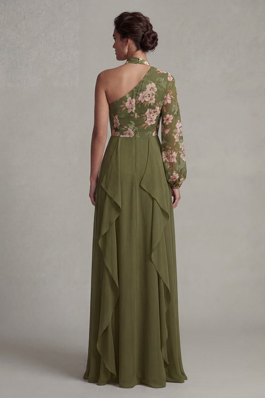 Eucalyptus Floral Long Sleeves A Line Long Mother of the Bride Dress with Ruffles