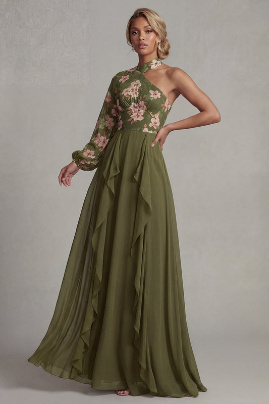 Eucalyptus Floral Long Sleeves A Line Long Mother of the Bride Dress with Ruffles
