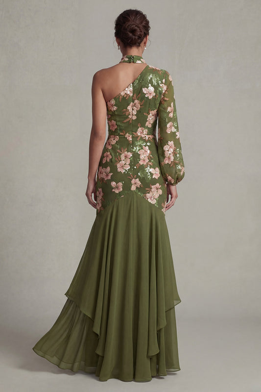 Mermaid Sparkly Eucalyptus Floral Long Mother of the Bride Dress with Ruffles