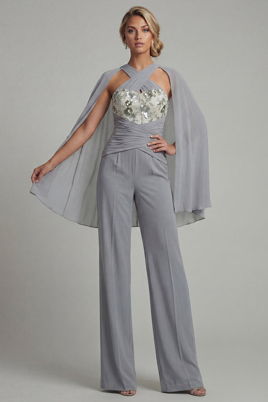 Sparkly Grey Blue Halter Floral Ruched Mother of the Bride Jumpsuits with Cape