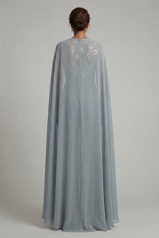 Boat Neck Sparkly Grey Blue Floral Ruched Mother of the Bride Jumpsuits with Cape