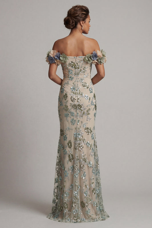 Sparkly Dusty Sage Long Beaded Mermaid Floral Mother of the Bride Dress