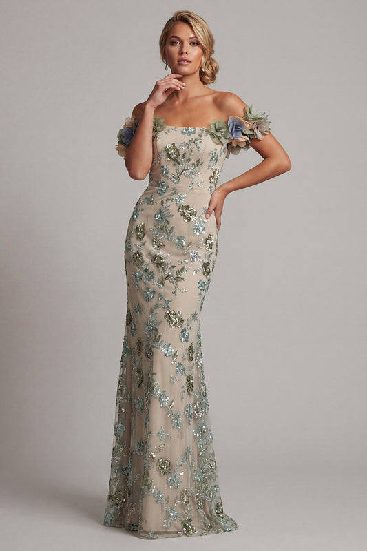 Sparkly Dusty Sage Long Beaded Mermaid Floral Mother of the Bride Dress