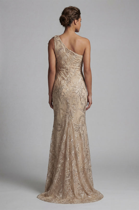 Mermaid Sparkly Champagne Long Beaded Floral Mother of the Bride Dress with Bow