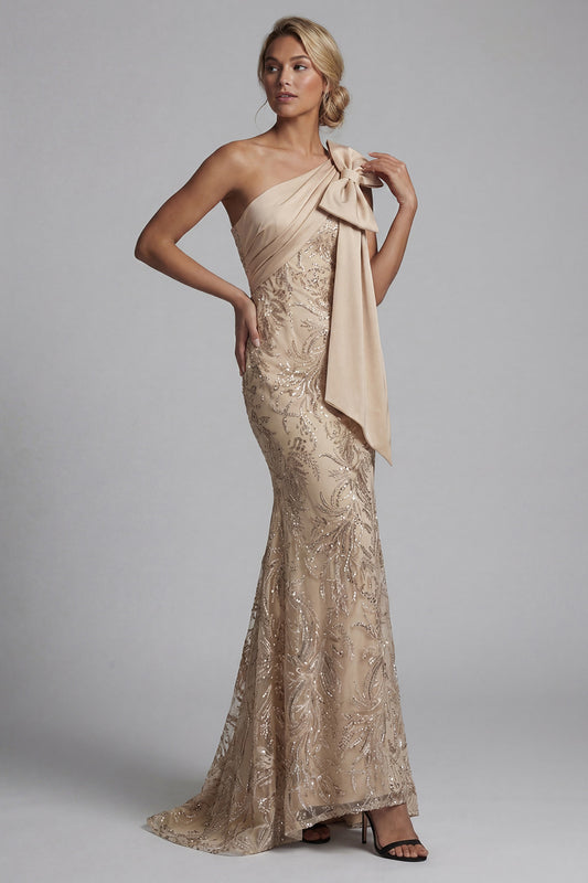 Mermaid Sparkly Champagne Long Beaded Floral Mother of the Bride Dress with Bow