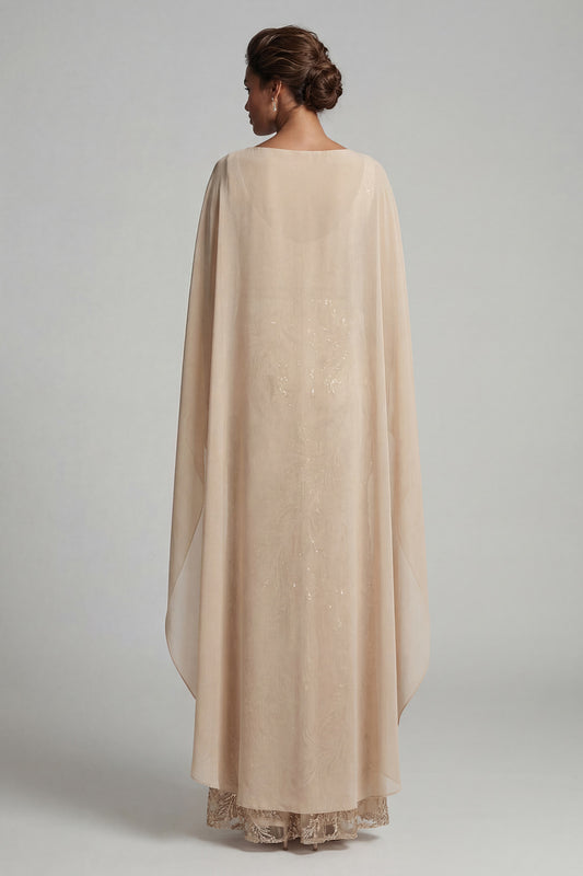 Floral Long Mermaid Sparkly Champagne Beaded Mother of the Bride Dress with Cape