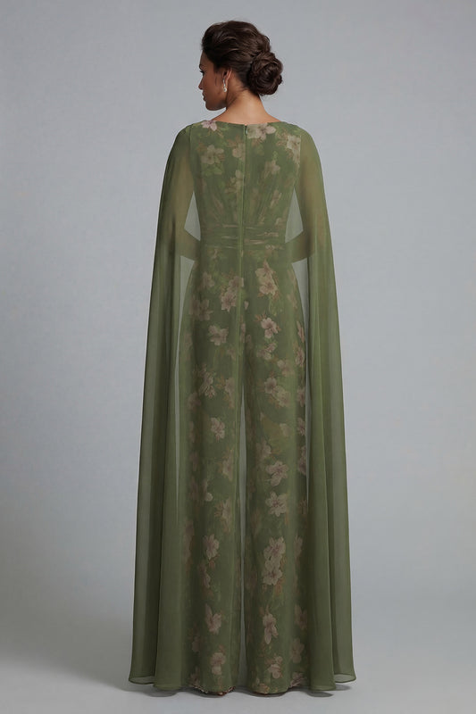 V-Neck Eucalyptus Floral Ruched Mother of the Bride Jumpsuits with Pockets