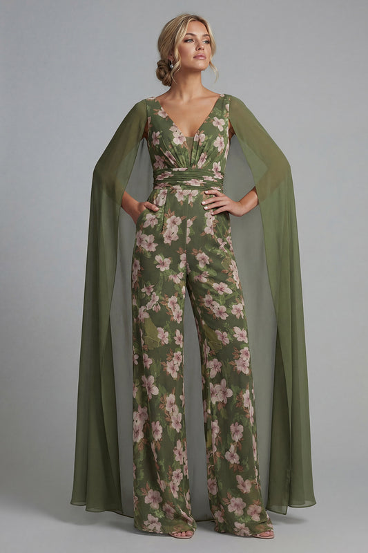 V-Neck Eucalyptus Floral Ruched Mother of the Bride Jumpsuits with Pockets