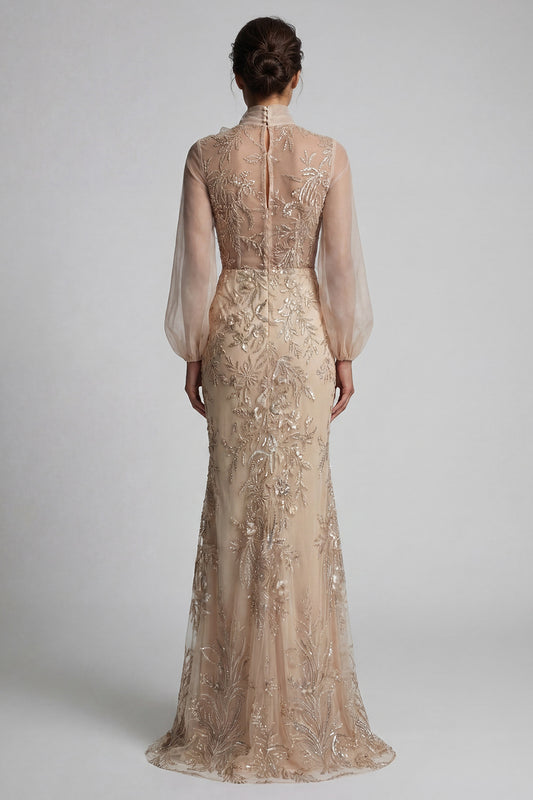 Long Beaded Floral Mermaid Sparkly Champagne Mother of the Bride Dress with Bow