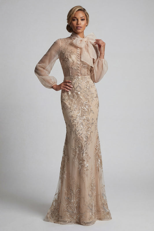 Long Beaded Floral Mermaid Sparkly Champagne Mother of the Bride Dress with Bow