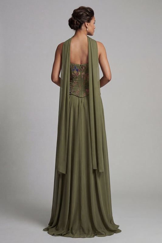 Olive Floral Strapless A Line Basque Wasit Long Mother of the Bride Dress with Beading