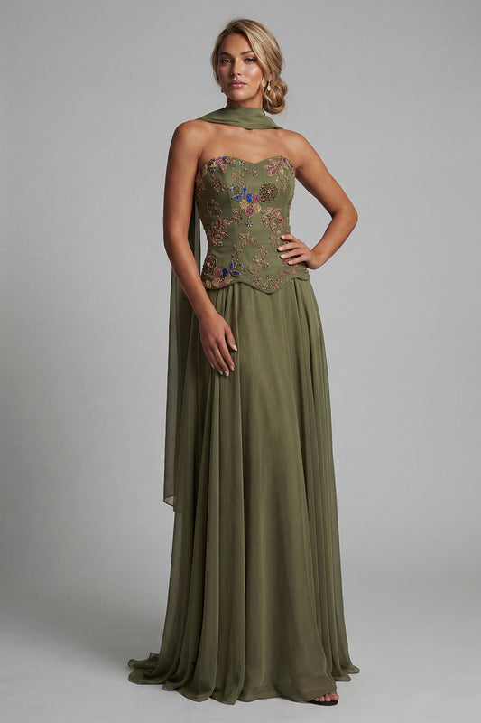 Olive Floral Strapless A Line Basque Wasit Long Mother of the Bride Dress with Beading