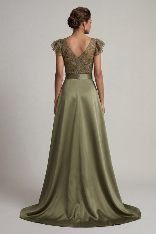 Ruffled V-Neck Olive Floral Beaded Mother of the Bride Jumpsuits with Cape